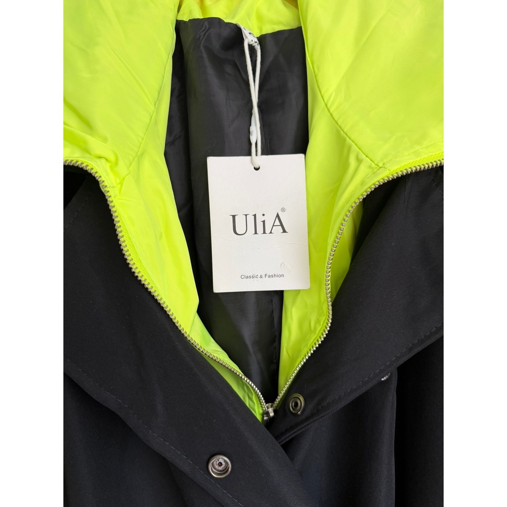 NWT UliA Black & Neon Yellow Hooded Trench Coat Belted Puff Sleeve, Size 1X-2X. - Picture 2 of 10